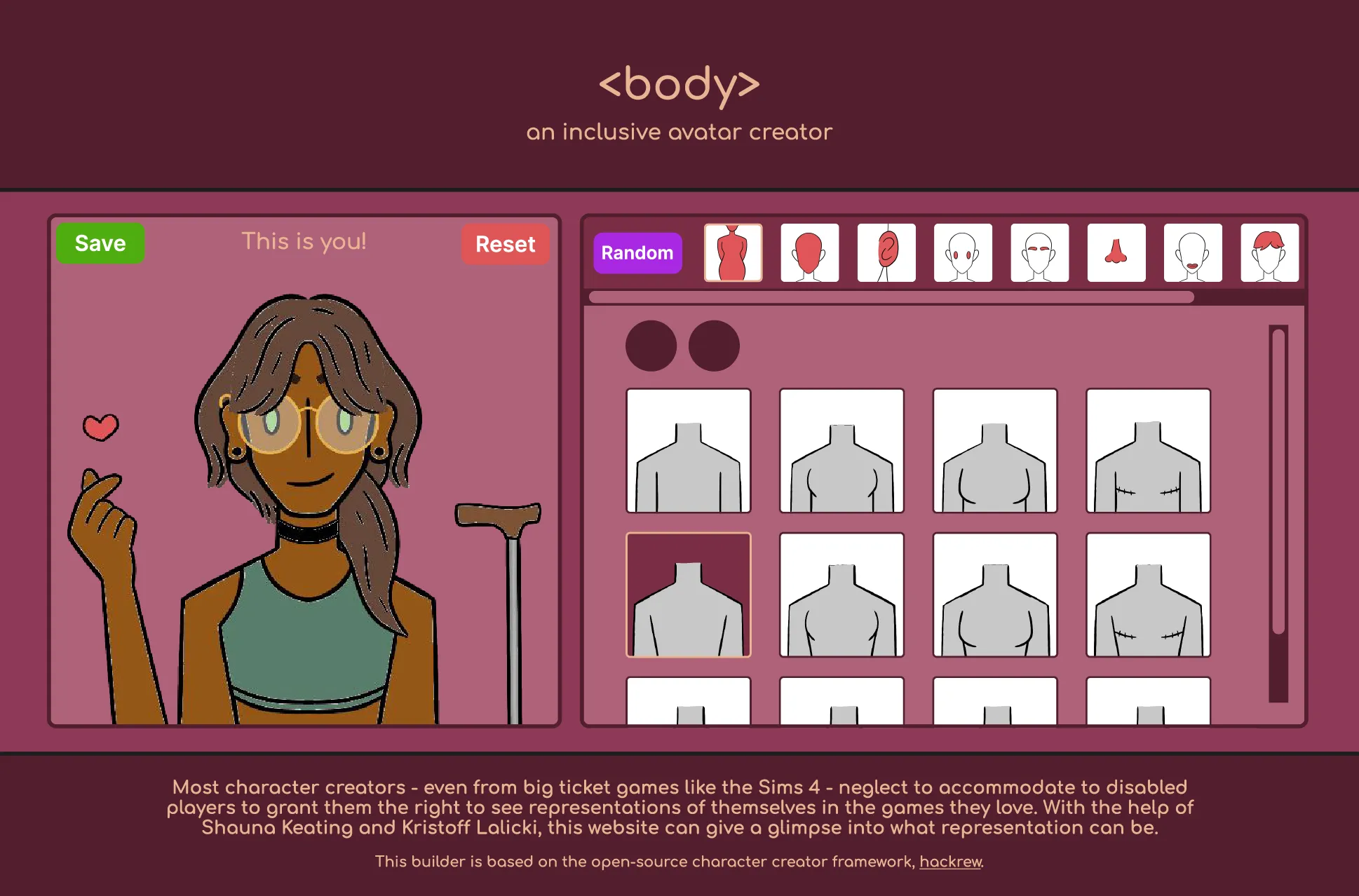 User interface of <body>: an inclusive avatar creator, showing the ability to customize all aspects of an avatar