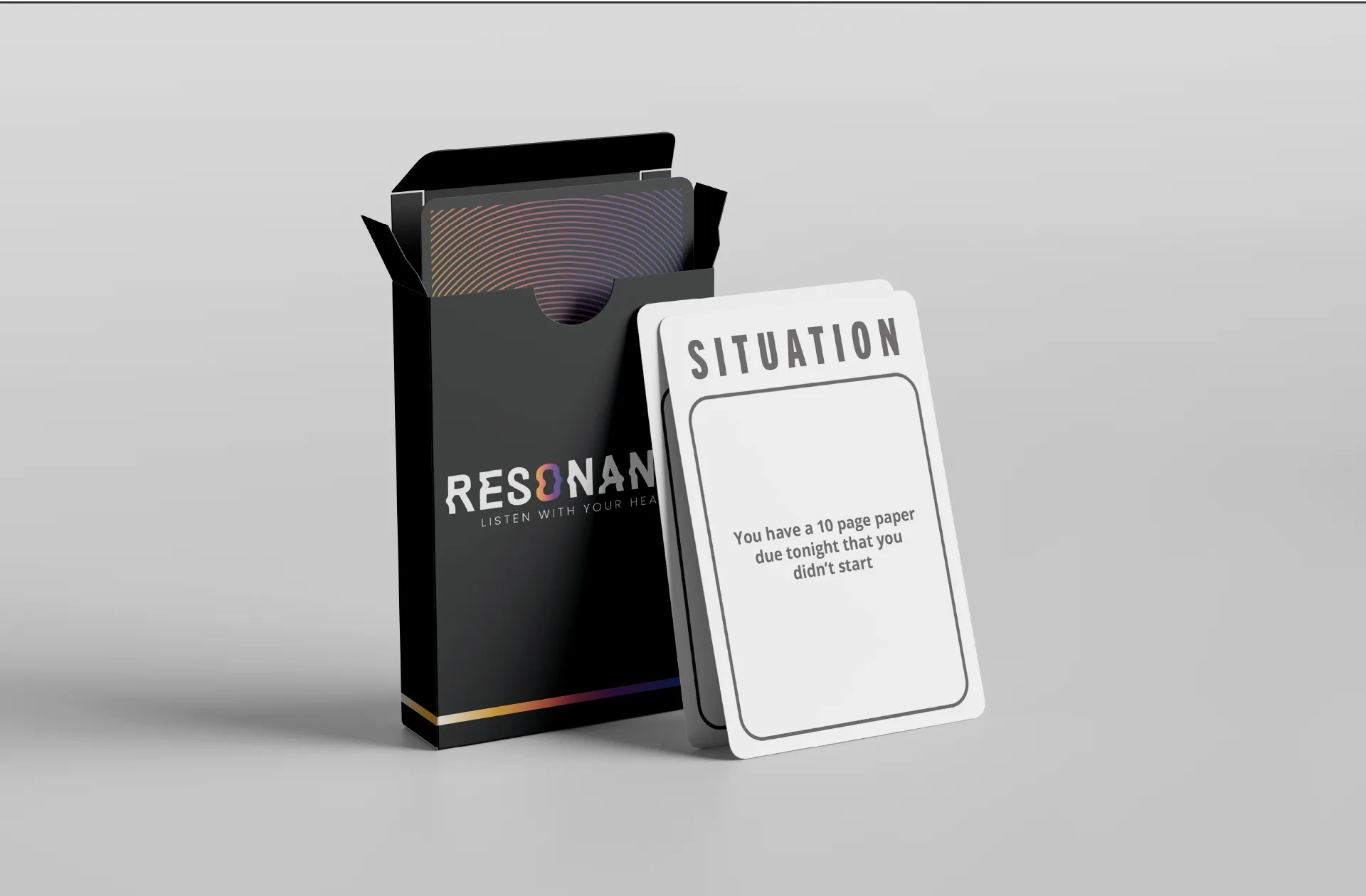 Resonance box and card "Situation: you have a 10 page paper due tonight that you didn't start."